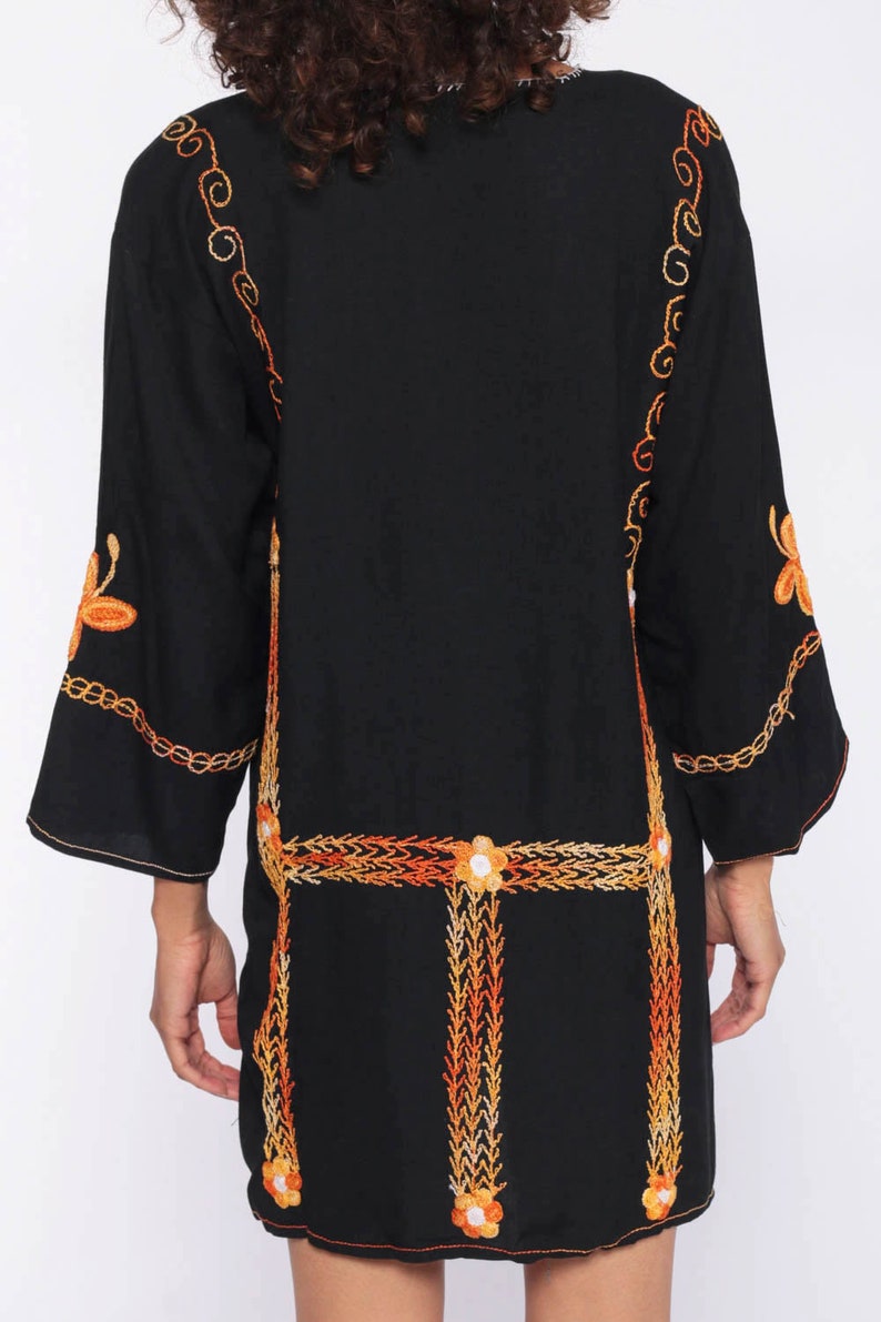 Floral Embroidered Blouse Floral Ethnic Black Hippie Shirt Tunic Top Boho Indian 1970s Bohemian Festival Long Sleeve Extra Small xs