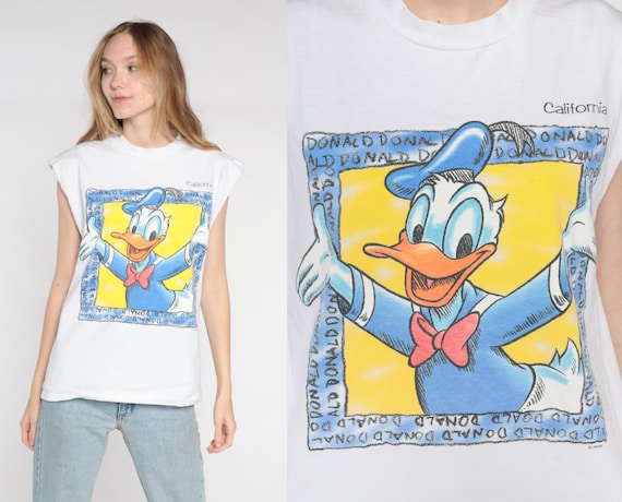 Donald Duck Shirt 90s Disney California Tank Top Graphic Cartoon Muscle Tee Cutoff T-Shirt Retro Hipster Kawaii Vintage 1990s Mens Large L