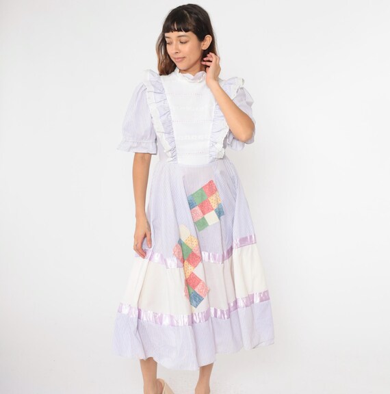 80s Square Dance Dress Lavender Striped Puff Sleeve Country Western Prairie Dress Lace Bib High Waist Midi Boho Vintage 1980s Jeri Bee Small