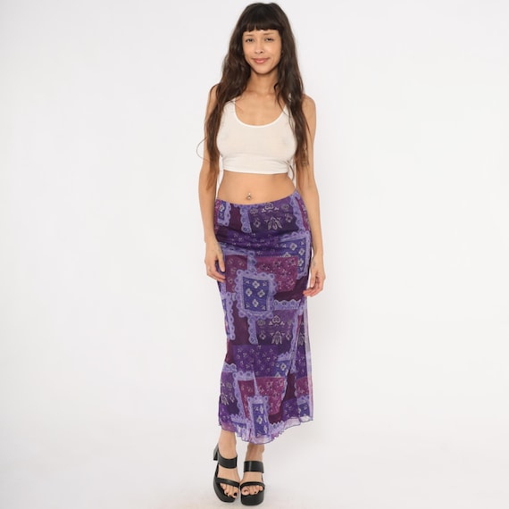 Purple Patchwork Skirt 90s Sheer Mesh Bandana Print Violet Lavender Plum Floral Lettuce Hem  Bohemian Lilac Grape Summer Medium Large M L