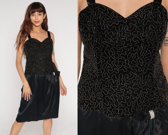 Beaded Velvet Dress 80s Party Dress Black Pencil … - image 1