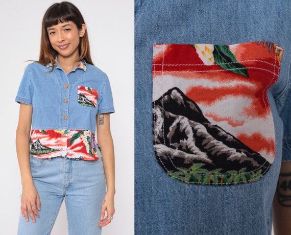 90s Crop Top Blue Denim Blouse Tropical Mountain Island Floral Print Button up Cropped Shirt Short Sleeve Collared Vintage 1990s Medium M