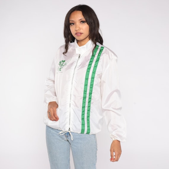 Windbreaker Jacket 80s General Felt Industries White Green Stripe Pirate Mascot Logo Zip Up Track Vintage Athletic Sporty Casual Medium M 10