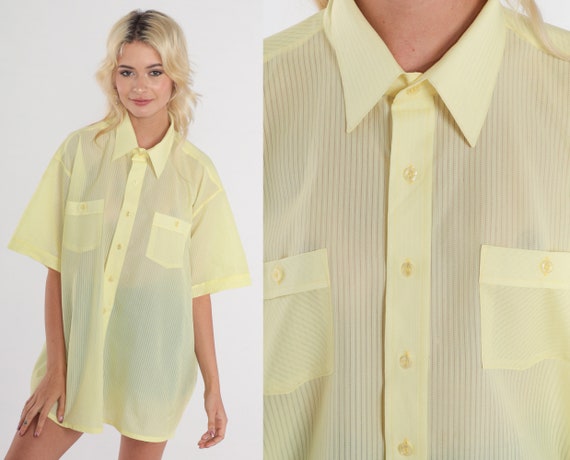 Yellow Shirt 70s Button Up Shirt Semi-Sheer Strip… - image 1