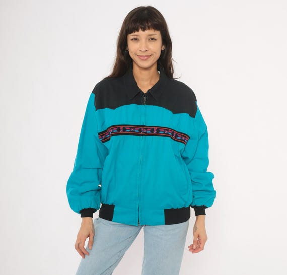 90s Southwestern Bomber Santa Fe Trail Teal Black Western Yoke Aztec Cotton Windbreaker Collared Turquoise Jacket Tribal Band Coat Medium M