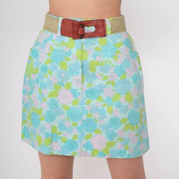 60s Floral Skirt Flower Power Mod Mini Skirt 70s High Waisted Hippie Boho Blue Pink Patch Pocket Bohemian Retro Belted 1960s Vintage Small 4