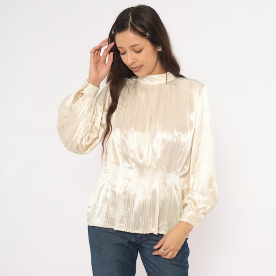 Pleated Satin Blouse 80s Ivory Peplum Top Cream Puff Sleeve Shirt High Neck Bishop Balloon Arm Cinched Waist Pearl Off White Vintage Medium