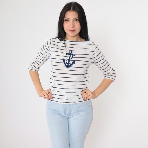 Vintage Striped Anchor Shirt 80s Nautical Top White Boatneck Sailor Tshirt 1980s Retro Yacht Shirt 1980s 1/2 Sleeve T Shirt Small