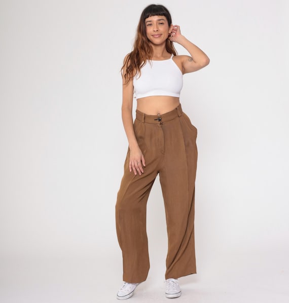 80s Striped High Waisted Trousers Brown Tan Pinstripe Wide Leg Pleated Front Button Closure Vintage Pants Tailored Straight Leg Medium M