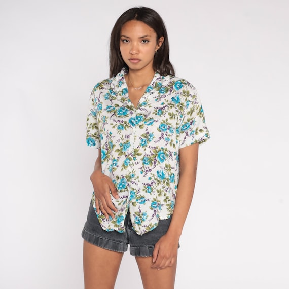 Rose Print Top 90s White Floral Shirt Button Up B… - image 2