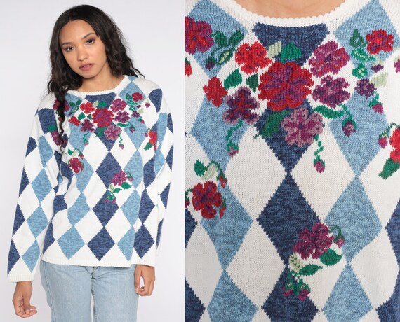 Checkered Floral Sweater 80s 90s 