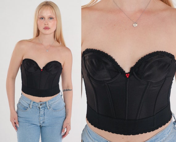 Black Bustier Corset 80s Lingerie Bra Top Boned Strapless Sweetheart Neckline Low Back Rosette Scalloped Vintage 1980s 34a Extra Small xs