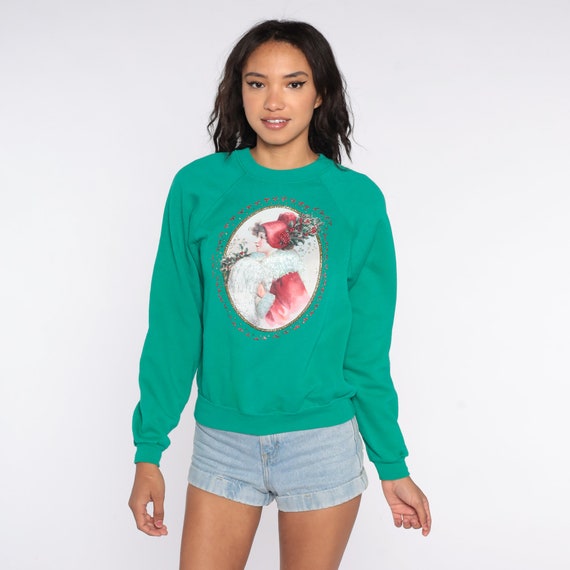 Christmas Sweater Vintage Woman Sweater 80s Glitter Painted Green Xmas Sweater 1980s Raglan Sleeve Extra Small xs