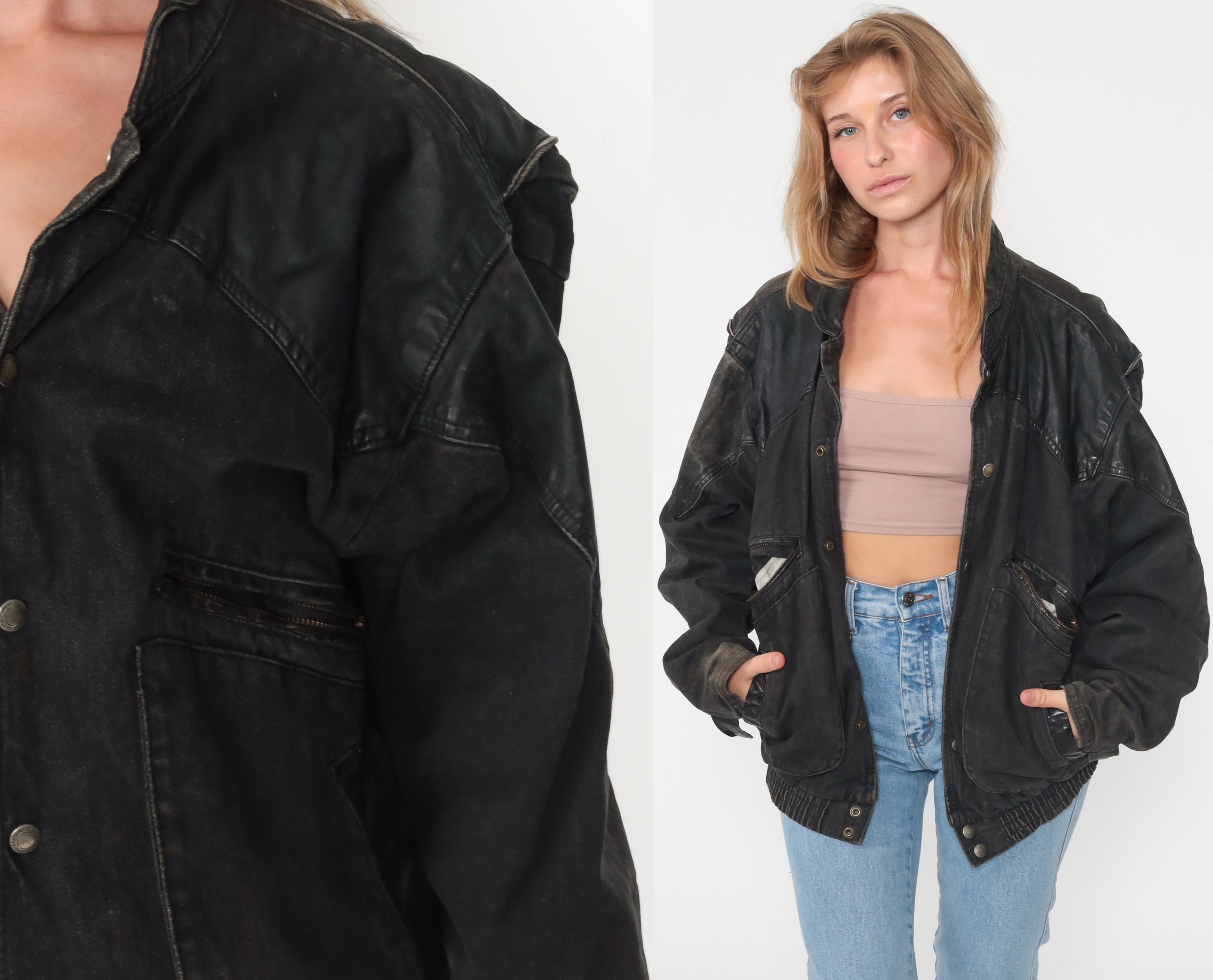 Leather Denim Jacket Black Jean Jacket 80s Oversize 90s Acid Wash Button Up 1980s Vintage Biker Bomber Jacket Retro Medium Large