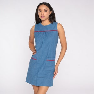 60s Mod Mini Dress Blue Smock Dress 60s Shift Sleeveless Dress 1960s Gogo Vintage Sixties Twiggy Plain Minidress Pocket Day Extra Small xs
