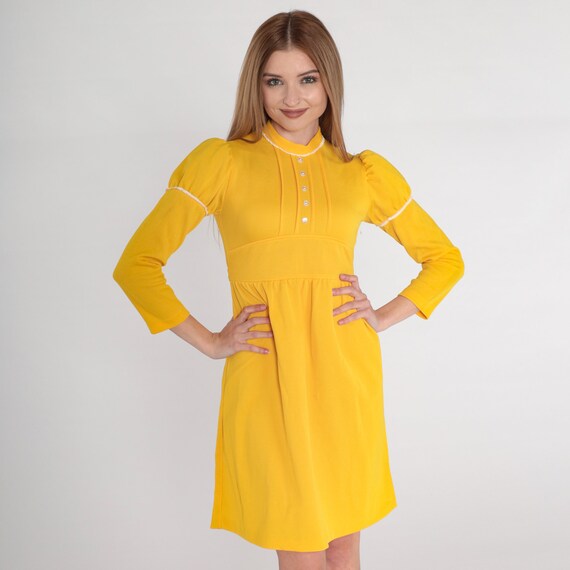 Vintage Yellow Babydoll Dress 70s Mod Mini Dress Puff Sleeve Button Up Empire Waist Twiggy Dolly Bright Long Sleeve Party 1970s 2xs xxs