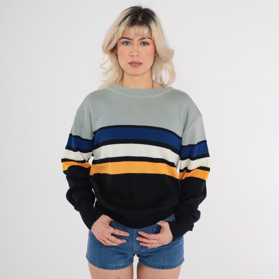 Vintage Color Block Sweater 80s Grey Black Striped Knit Sweater Blue Pullover Crewneck Acrylic Basic 1980s Large L