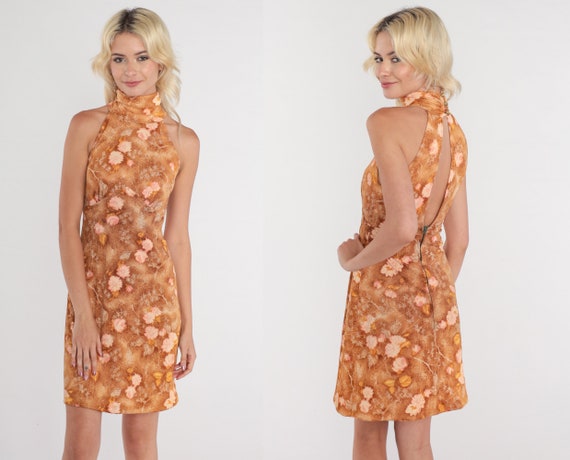 Floral Sundress 70s Mini Dress Brown Tie Dye Flower Print Cutout Open Back Mock Neck Sleeveless Fit and Flare Vintage 1970s Extra Small xs