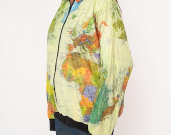 World Map Jacket 90s Geography Print Atlas Windbreaker Tyvek Zip