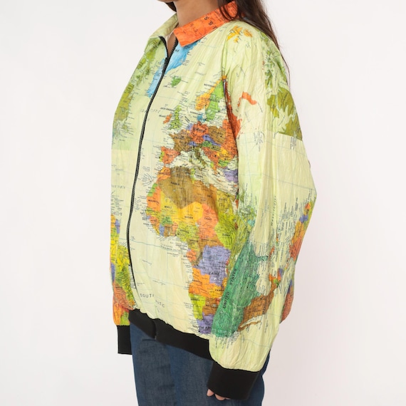 World Map Jacket 90s Geography Print Atlas Windbreake… - Gem