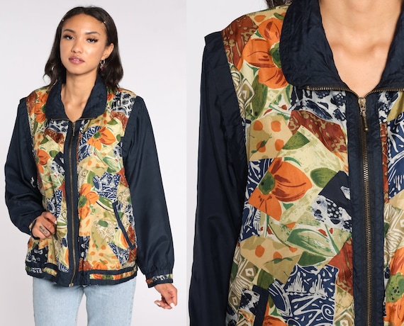 Silk Windbreaker Jacket 90s Floral Windbreaker Print Boho Black Tan Retro Grunge Vintage 1990s Retro Oversized Medium