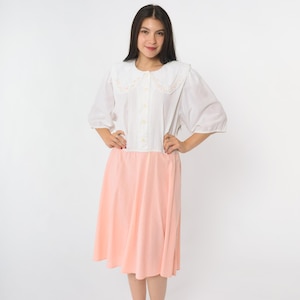 80s Peter Pan Collar Dress Vintage White Peach Midi Button Up Floral Embroidered Romantic Shirtdress High Waist Short Sleeve Extra Large xl