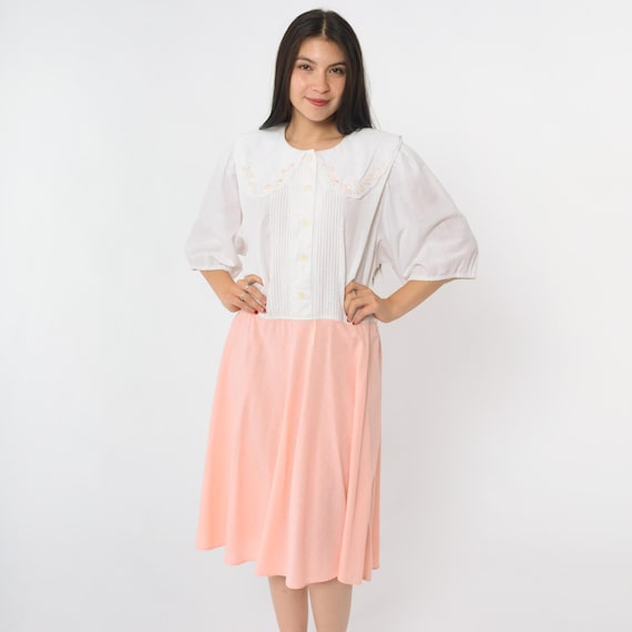 80s Peter Pan Collar Dress Vintage White Peach Midi Button Up Floral Embroidered Romantic Shirtdress High Waist Short Sleeve Extra Large xl