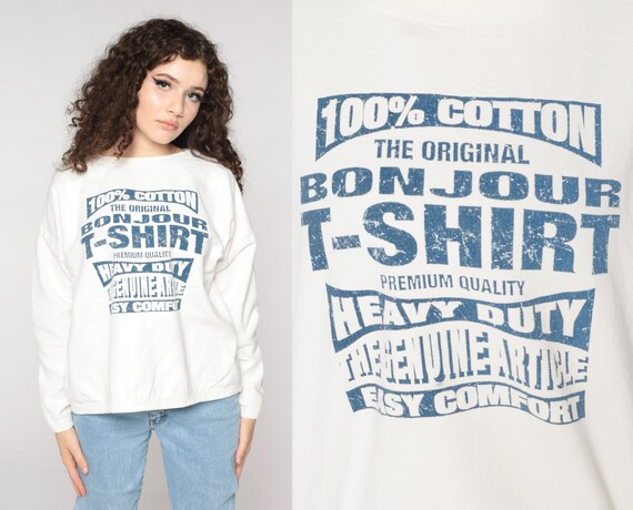 Bonjour T-Shirt -- 90s White Graphic T Shirt Cotton Tee Long Sleeve Vintage 1990s Streetwear Heavy Duty Medium Large