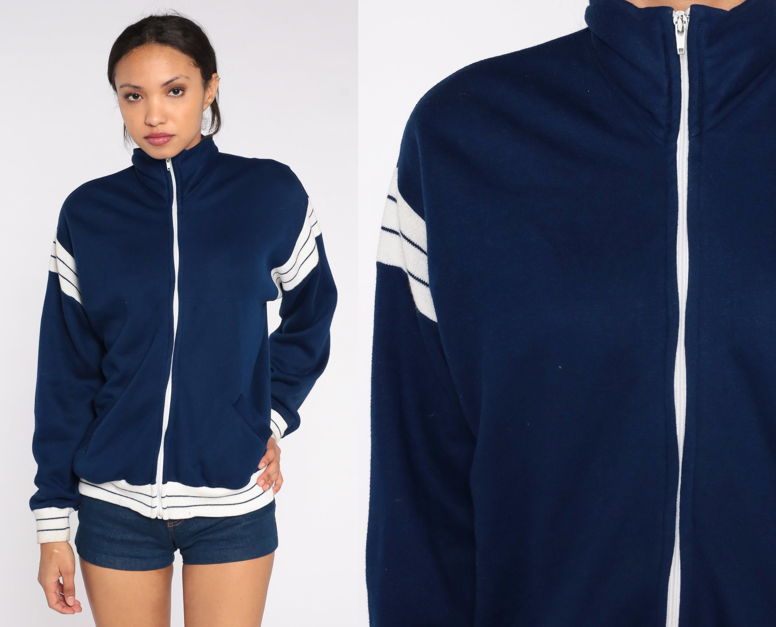 80s Striped Track Jacket Navy Blue Zip Up Bomber Retro Sweatshirt ...