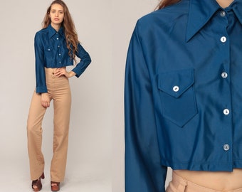 Blue Crop Top 70s Cropped Shirt Bohemian Retro Blouse Disco Shirt 1970s Hippie Long Sleeve Button Up Shirt Plain Medium