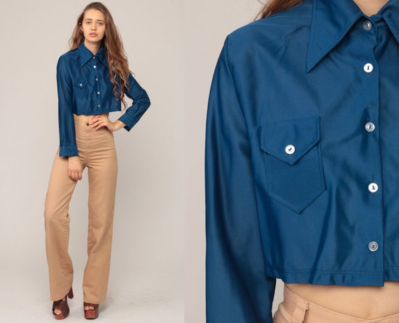 Blue Crop Top 70s Cropped Shirt Bohemian Retro Blouse Disco Shirt 1970s Hippie Long Sleeve Button Up Shirt Plain Medium