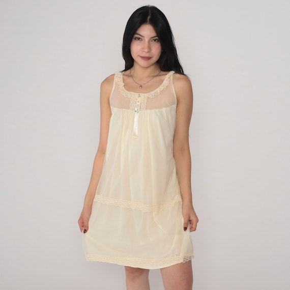 Pale Yellow Nightgown 80s Lingerie Slip Dress Floral Rosette Lace Trim Mini Nightie Tent Trapeze Sleep Lounge Nylon Vintage 1980s Small S
