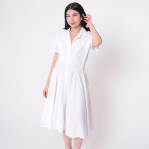 White Shirtdress 80s Button Up Dress Ribbed Knit Midi Knee Length Dress Retro Short Sleeve Elastic Waist Plain 1980s Vintage Small Medium image 3