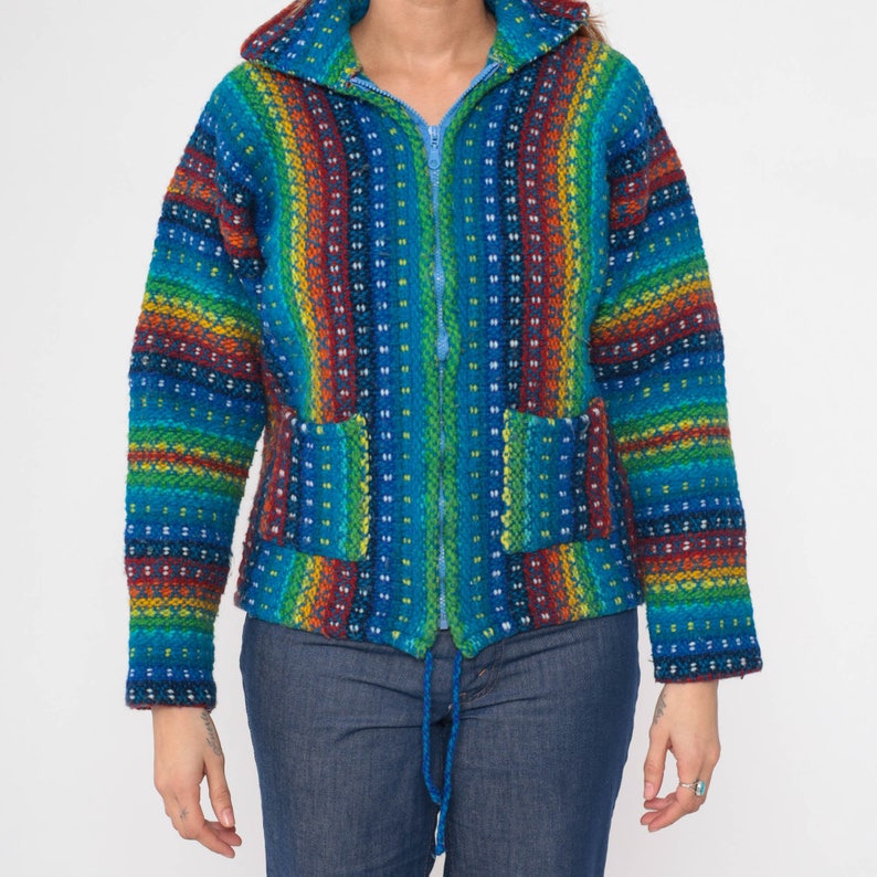 Rainbow Wool Jacket 00s Earth Ragz Striped Zip Up Knit Jacket Bohemian Y2K Vintage Hippie Multicolor Medium Large image 9
