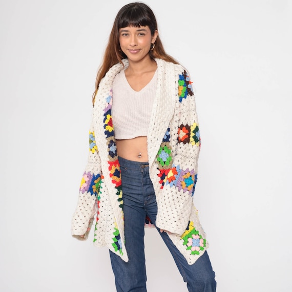 70s Afghan Cardigan Sweater Crochet Blanket Jacket Granny Square Open Front Off-White Hippie Boho 1970s Seventies Bohemian Extra Large xl
