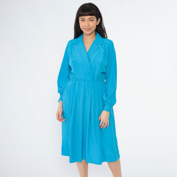 Vintage 80s Blue Midi Dress Faux Wrap Secretary Collared Shirtdress High Waist Long Sleeve Shirtwaist 1980s Leslie Fay Pocket Small Medium
