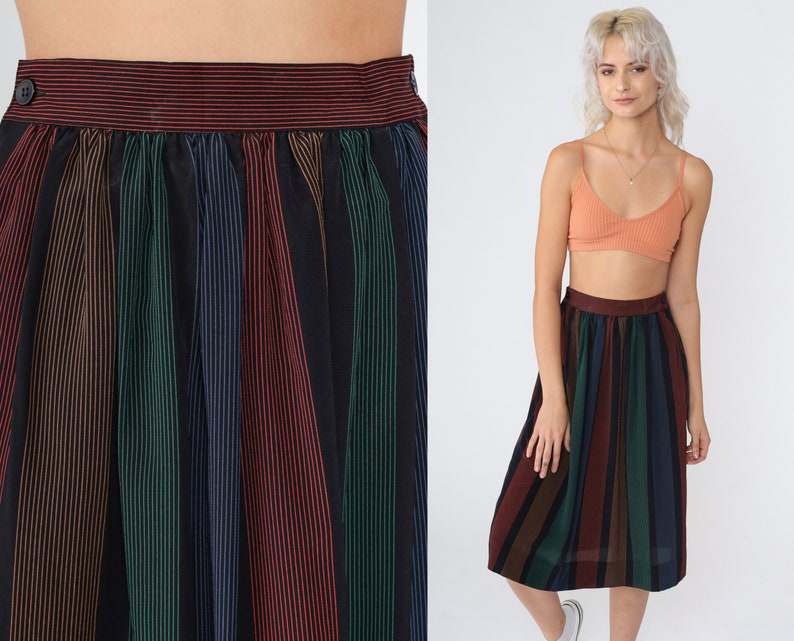 Black Striped Skirt 80s Midi Skirt High Waisted Secretary Red Blue Green Tan Vertical Stripes Vintage Straight Skirt 1980s Extra Small xs image 1