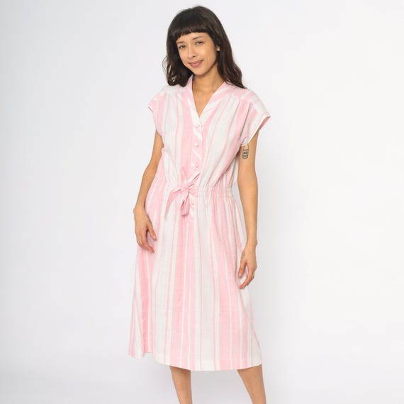 80s Pink Striped Dress White Vertical Stripe Button Front V Neck Cap Sleeve Knee Length Vintage Summer Shirtdress Cottagecore Small S