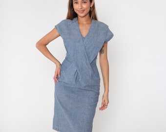 80s Blue Criss-Cross Dress Vintage Midi Wrap Dress Short Sleeve Midi Dress with V-Neck 1980s Retro Pencil Dress Small S