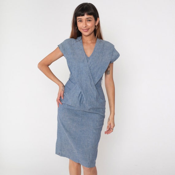 80s Blue Criss-Cross Dress Vintage Midi Wrap Dress Short Sleeve Midi Dress with V-Neck 1980s Retro Pencil Dress Small S