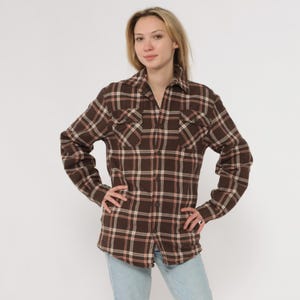 Quilted Grunge Flannel 90s Wrangler Brown Plaid Cotton Shirt Lined Overshirt Long Sleeve Chest Pockets Button Front Workwear Small S