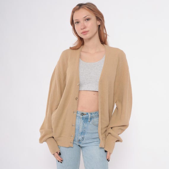 80s Camel Cardigan Button Front Tan Beige Neutral Grandpa Sweater V Neck Long Sleeve Vintage Classic Minimalist Ribbed Cuffs Preppy Large L