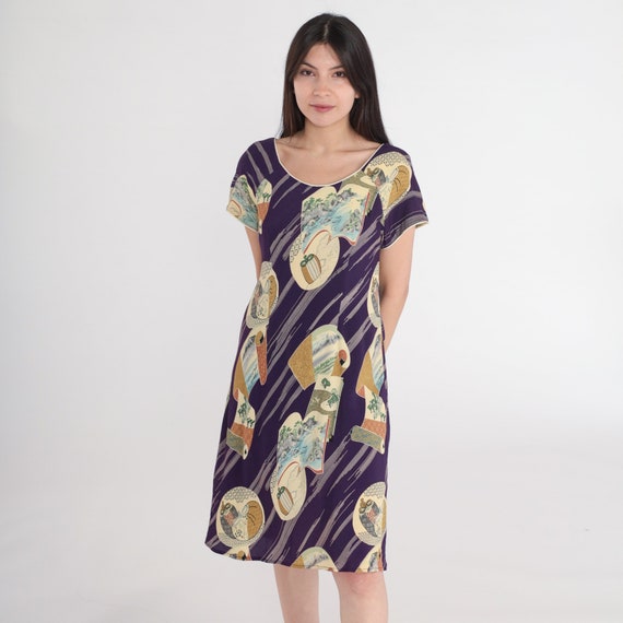 Japanese Mini Dress Purple Asian Inspired Shift Dress 90s Floral Dress Short Sleeve Vintage 1990s Landscape Scroll Travel Small S