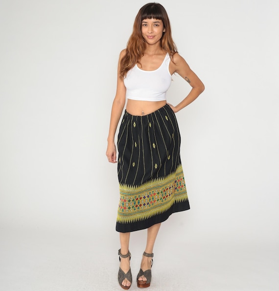 70s Embroidered Black Skirt Yellow Gold Colorful Border Pattern Elastic Waist Knee Length Ethnic Bohemian Hippie Alternative Vintage Medium