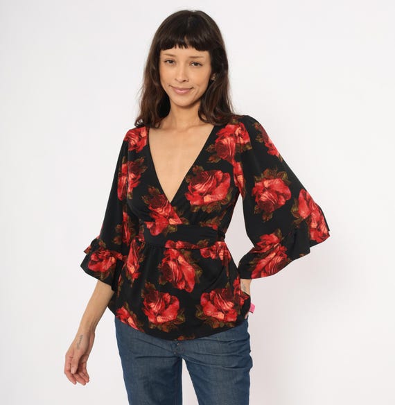 Betsey Johnson Rose Print Wrap Top 2000s Black Floral Bell Sleeve Blouse Deep Red Crimson Flower Peplum Shirt Feminine Going Out Small S