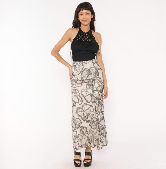 70s Crochet Halter Maxi Dress Black Grey Floral Print Metallic Shimmer Open Back Tie Backless A Line Floor Length Knit  Extra Small XS