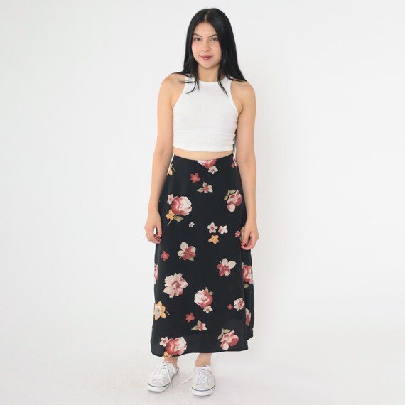 Vintage 90s Black Floral Skirt Midi Grunge Boho 1990s Hippie Festival Straight Cut Retro Red Yellow Flower Print Extra Small xs