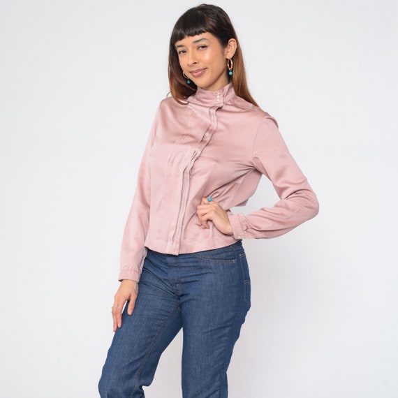 Pink Pleated Blouse 90s Long Sleeve Top Shiny Mock Neck Shirt Hidden Button up Simple Formal Cocktail Secretary Chic Vintage 1990s Medium M