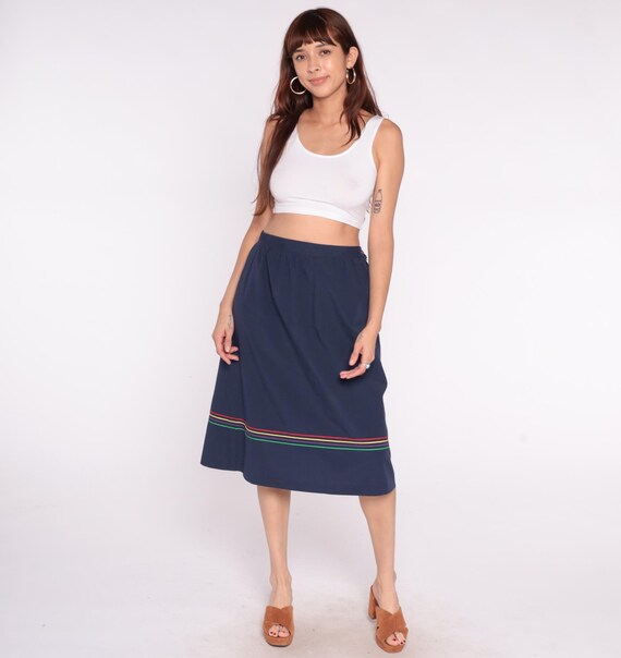 Rainbow Striped Skirt 80s Navy Blue Trim Mini Elastic Waist Preppy Collegiate School Girl Vintage Casual Summer Beach Sporty Medium M