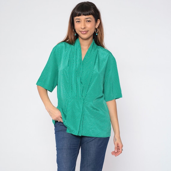 Green Polka Dot Blouse 90s Pleated V Neck Shirt Retro Short Sleeve Top V-Neck Secretary Summer Retro Boho Print Casual Vintage 1990s Large L